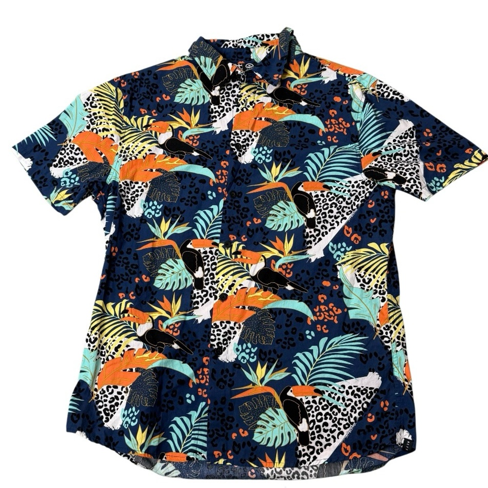 Neff‎ Hawaiian Button Down Short Sleeve Shirt Vibrant Tropical Toucan Print SZ L